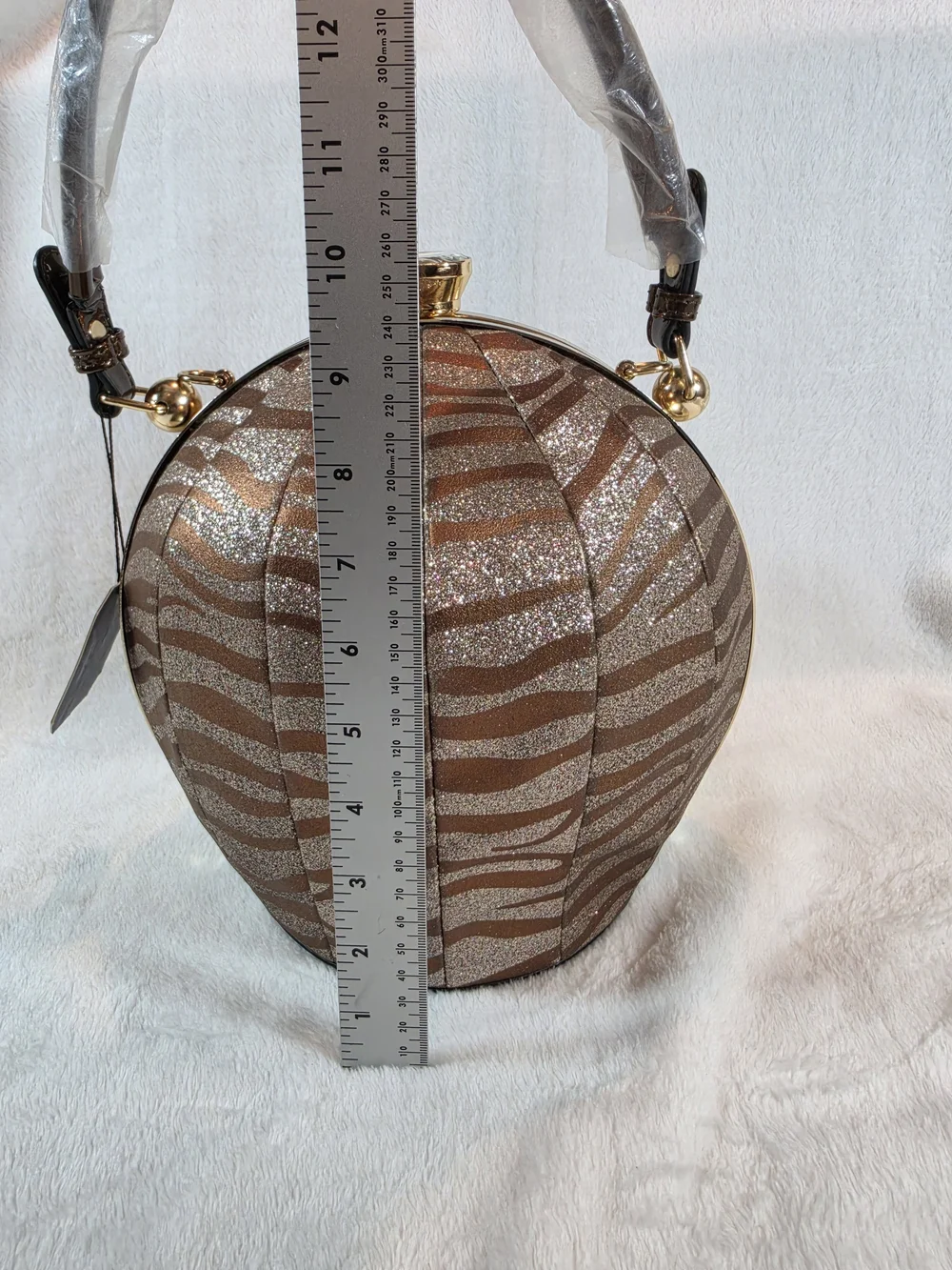 Blue Heaven Womens Zebra Glitter Round Evening Handbag Purse NWT Gold Tone